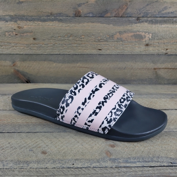 adidas Women's Adilette Comfort Slides Grey Pink Leopard - Picture 2 of 9